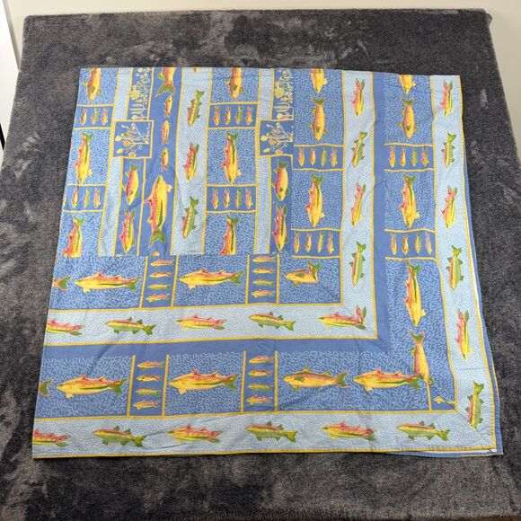 Vtg April Cornell Pike River Fish Print Blue Tablecloth 67X70 Cottagecore - Picture 5 of 9